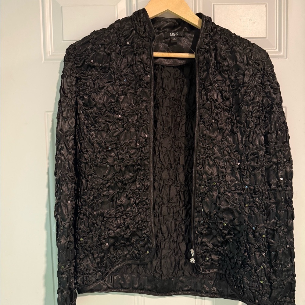 Black Textured Velvet Blazer with Open Front